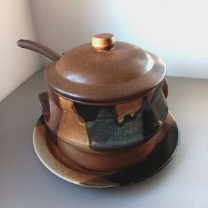 Vintage Glazed Pottery Soup Tureen Bean Pot 4 Piece Set USA Earth Tones MCM Art